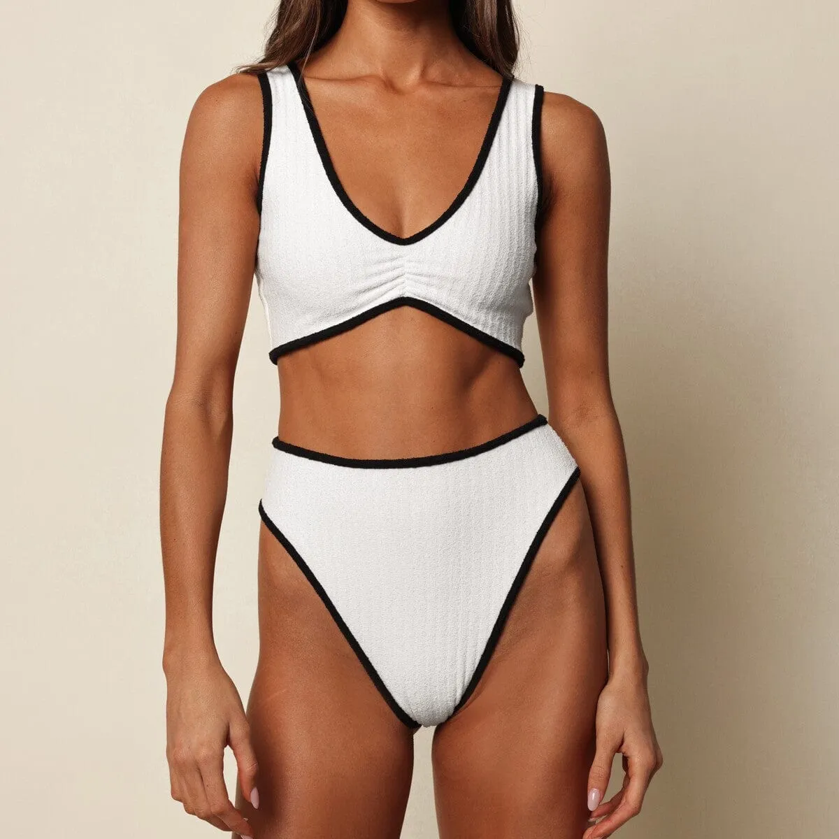 Cream (Black Binded) Terry Rib Paula Bikini Bottom