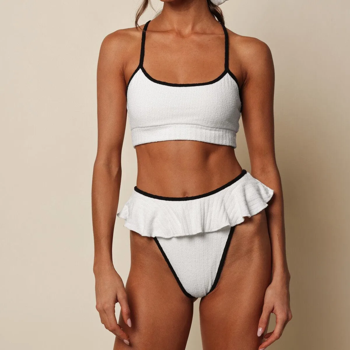 Cream (Black Binded) Terry Rib Tamarindo Ruffle Bikini Bottom