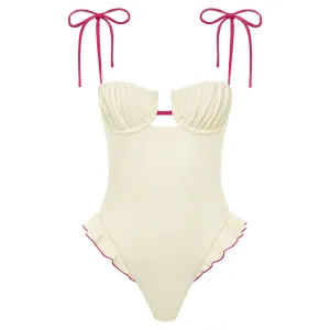Cream Raspberry Binded Petal Ruffle One-Piece