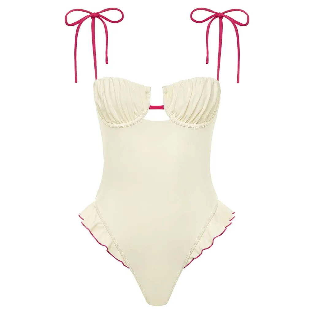 Cream Raspberry Binded Petal Ruffle One-Piece