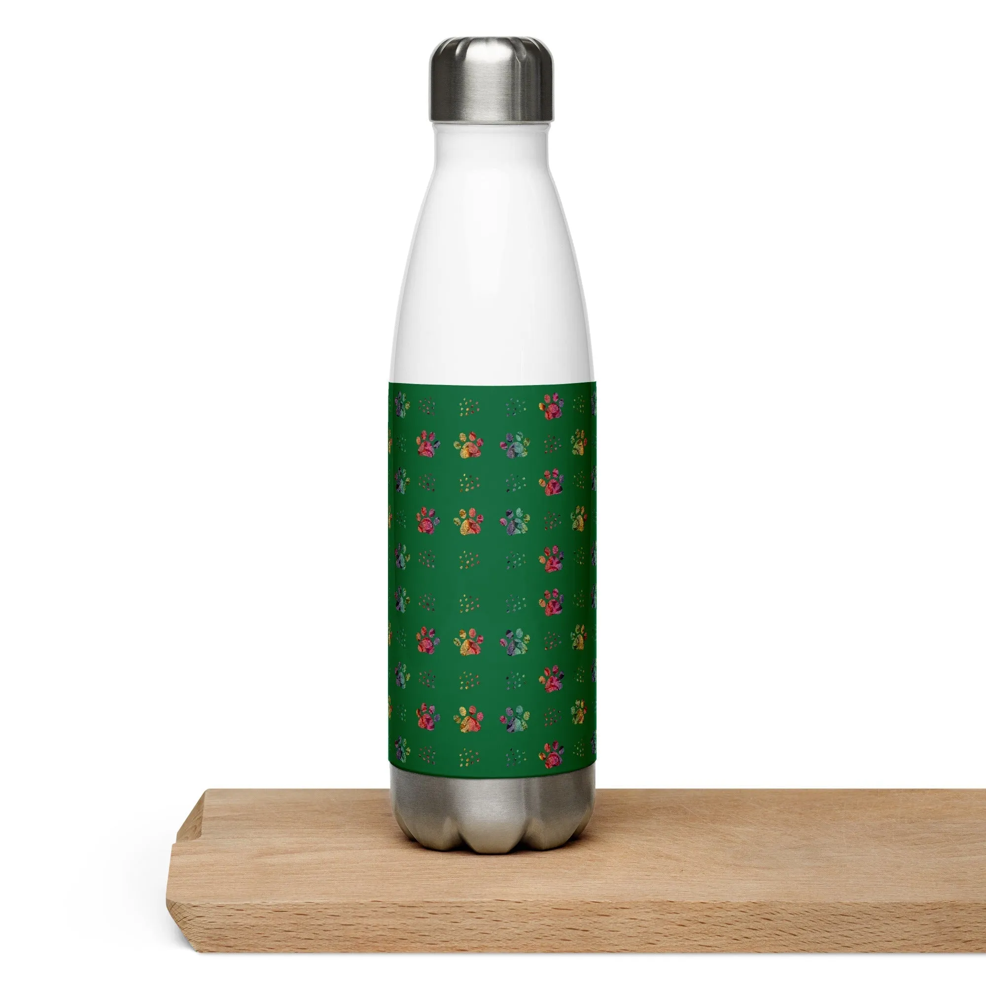 Dark Green Paw Prints Water Bottle