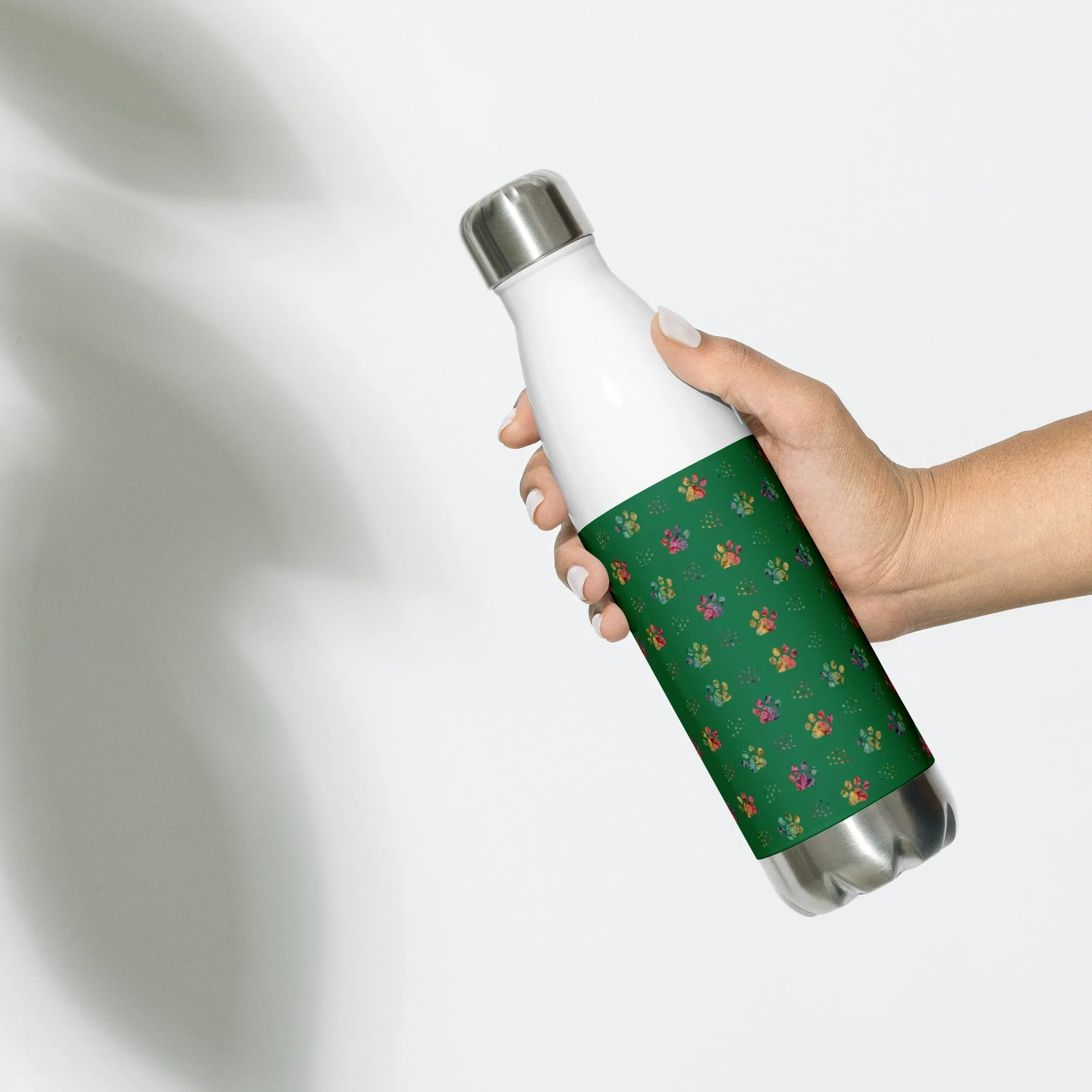 Dark Green Paw Prints Water Bottle