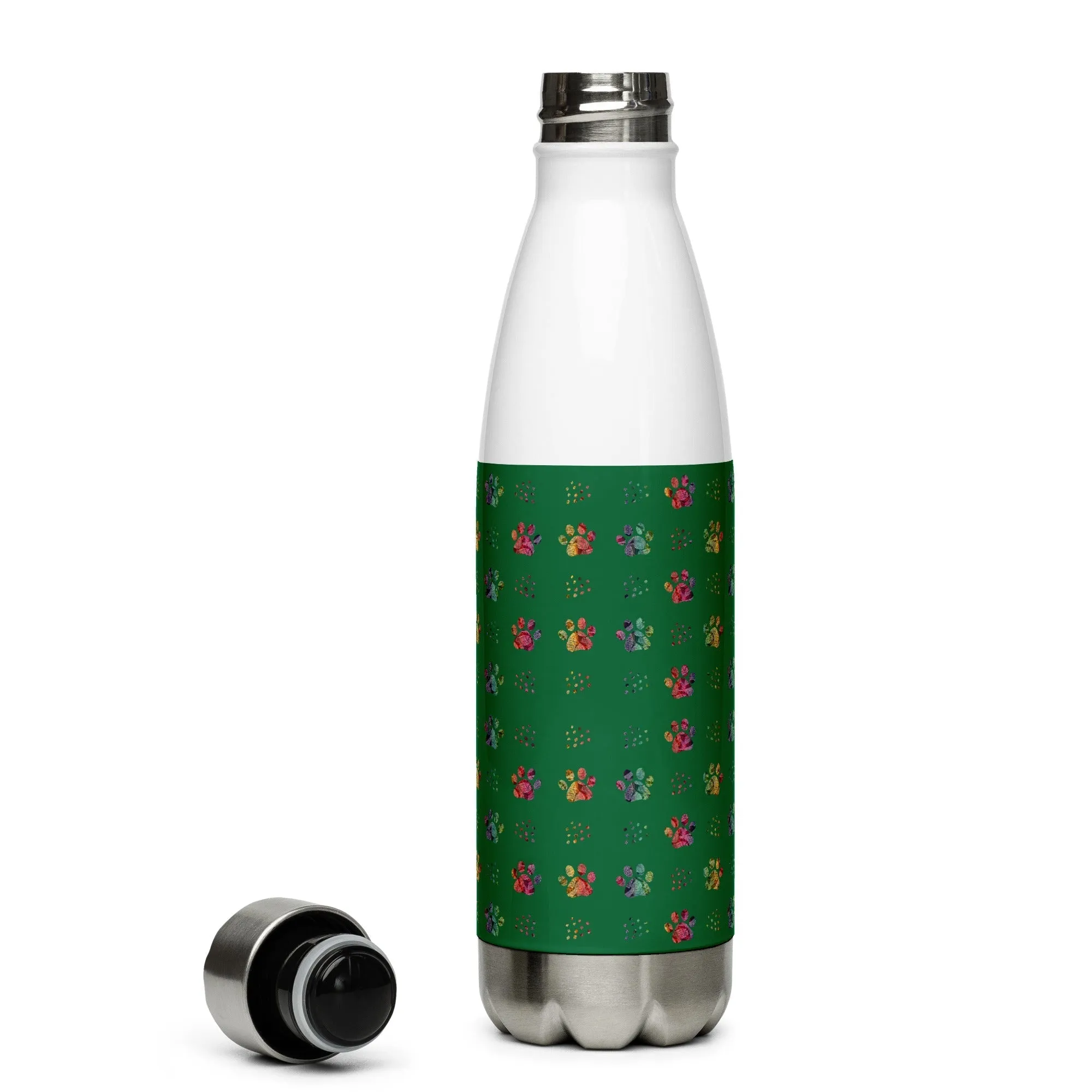 Dark Green Paw Prints Water Bottle