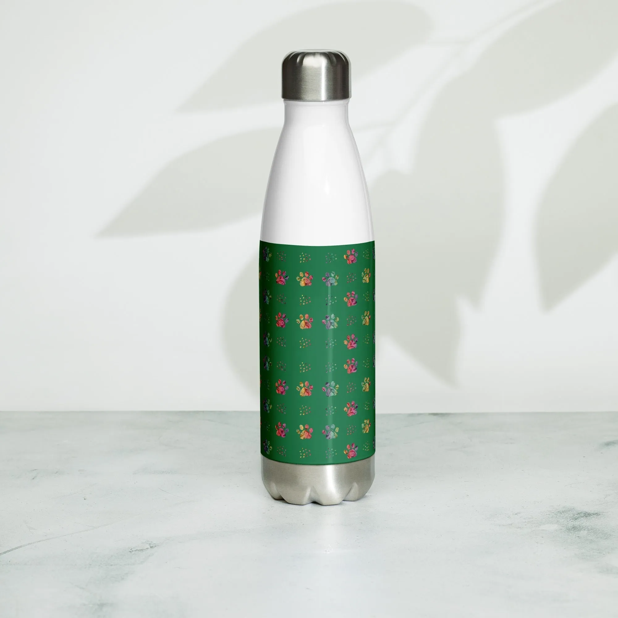 Dark Green Paw Prints Water Bottle