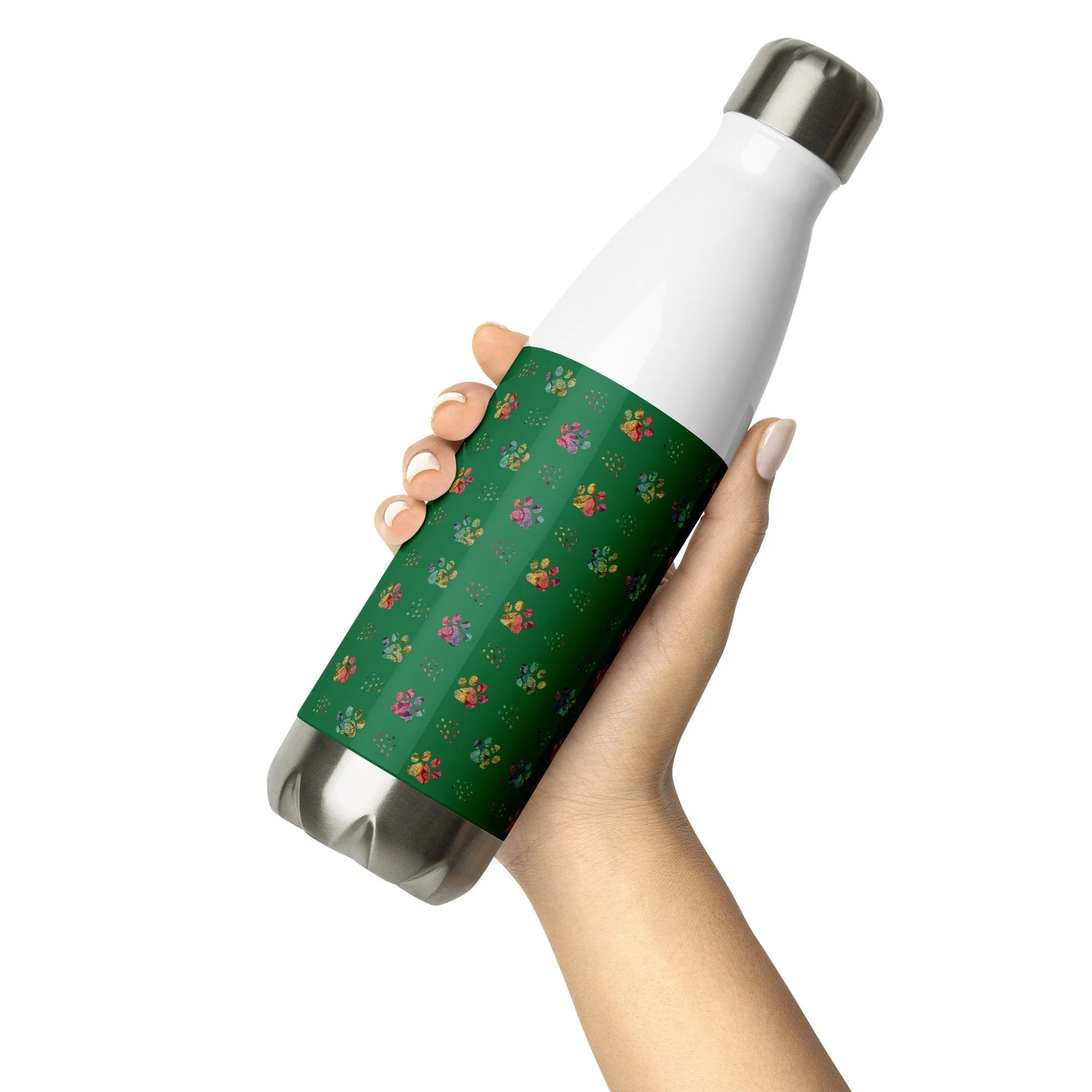 Dark Green Paw Prints Water Bottle