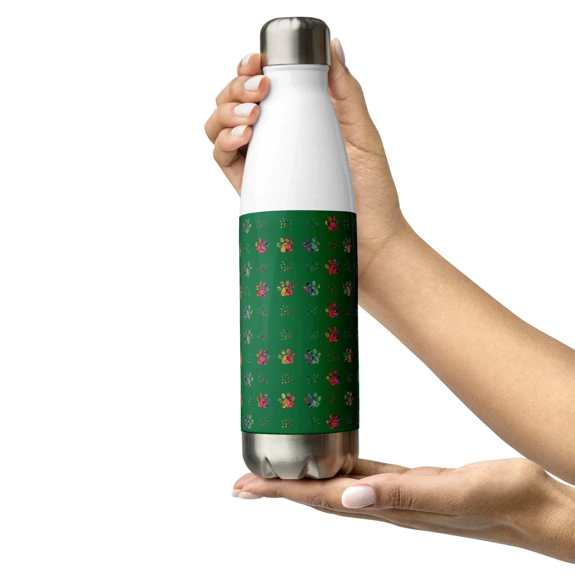 Dark Green Paw Prints Water Bottle
