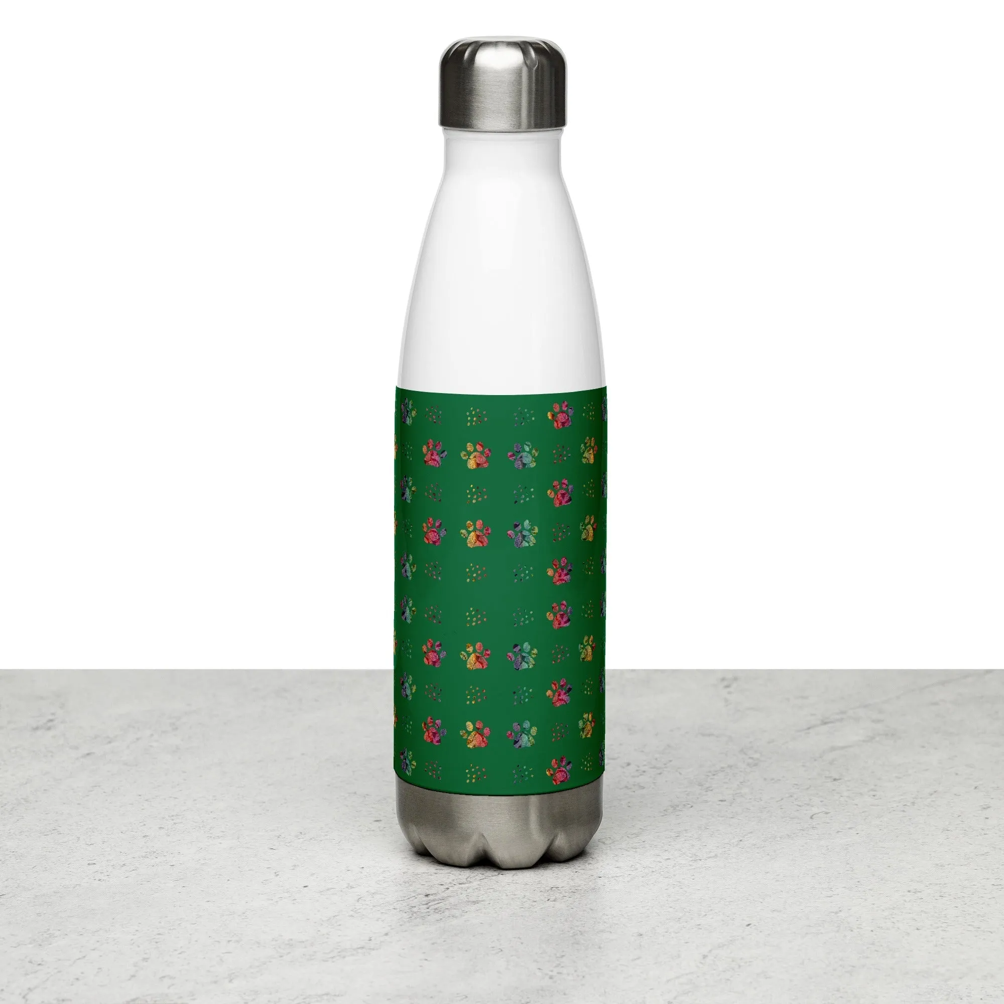 Dark Green Paw Prints Water Bottle