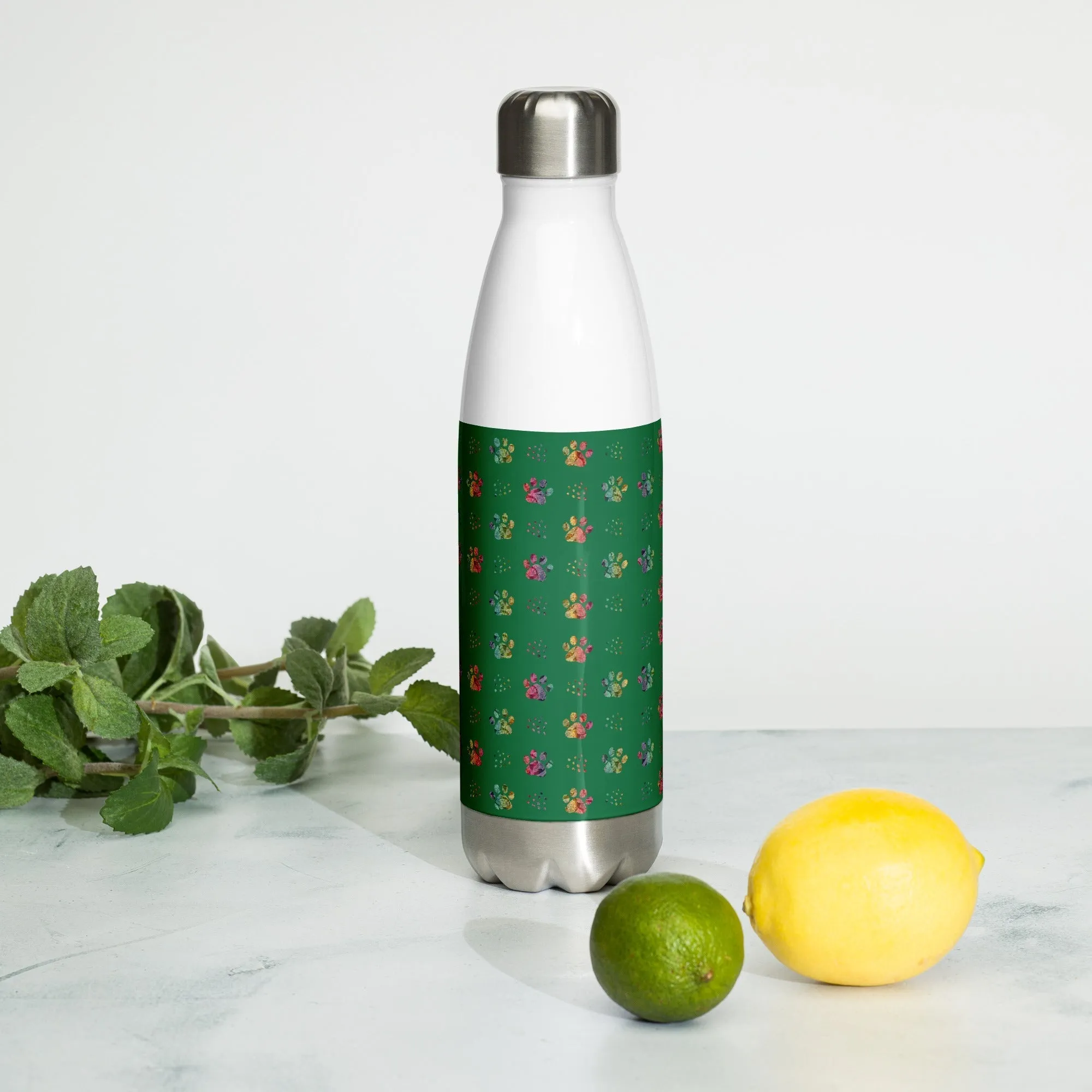 Dark Green Paw Prints Water Bottle