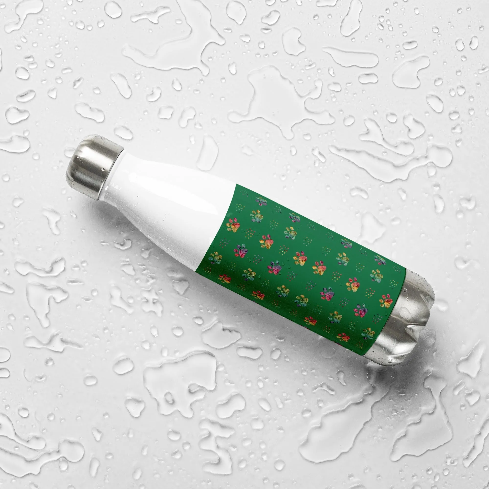 Dark Green Paw Prints Water Bottle