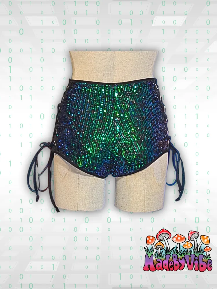 Digital Rain High Waisted Side Lace Booty Shorts - Ready to Ship