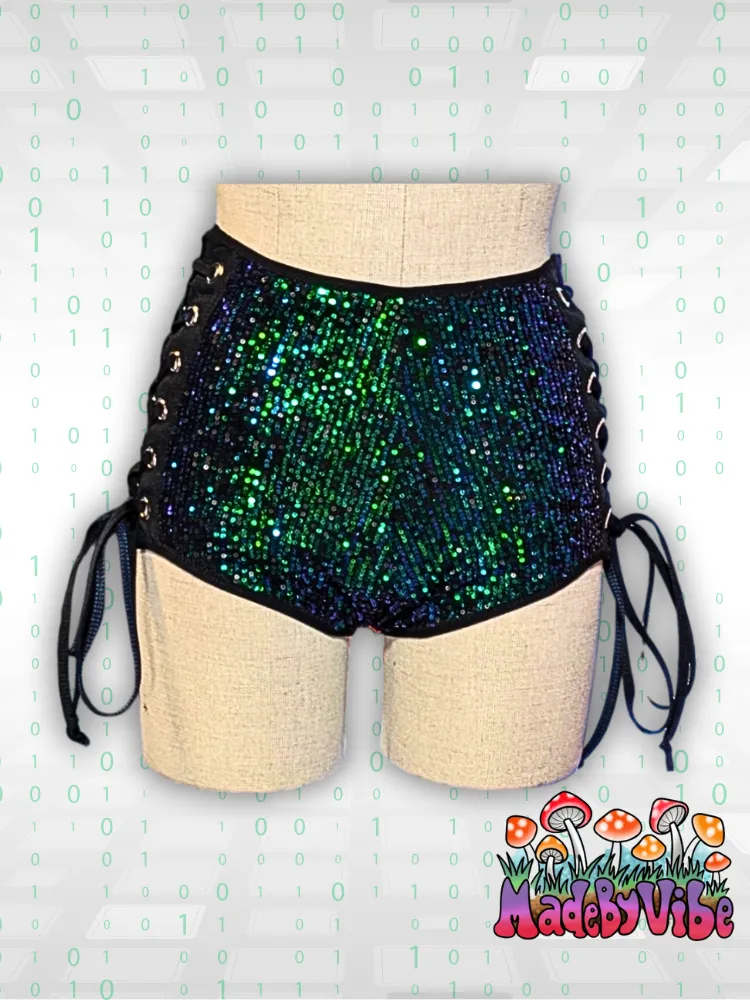 Digital Rain High Waisted Side Lace Booty Shorts - Ready to Ship