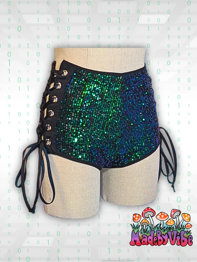 Digital Rain High Waisted Side Lace Booty Shorts - Ready to Ship