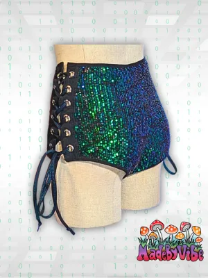 Digital Rain High Waisted Side Lace Booty Shorts - Ready to Ship