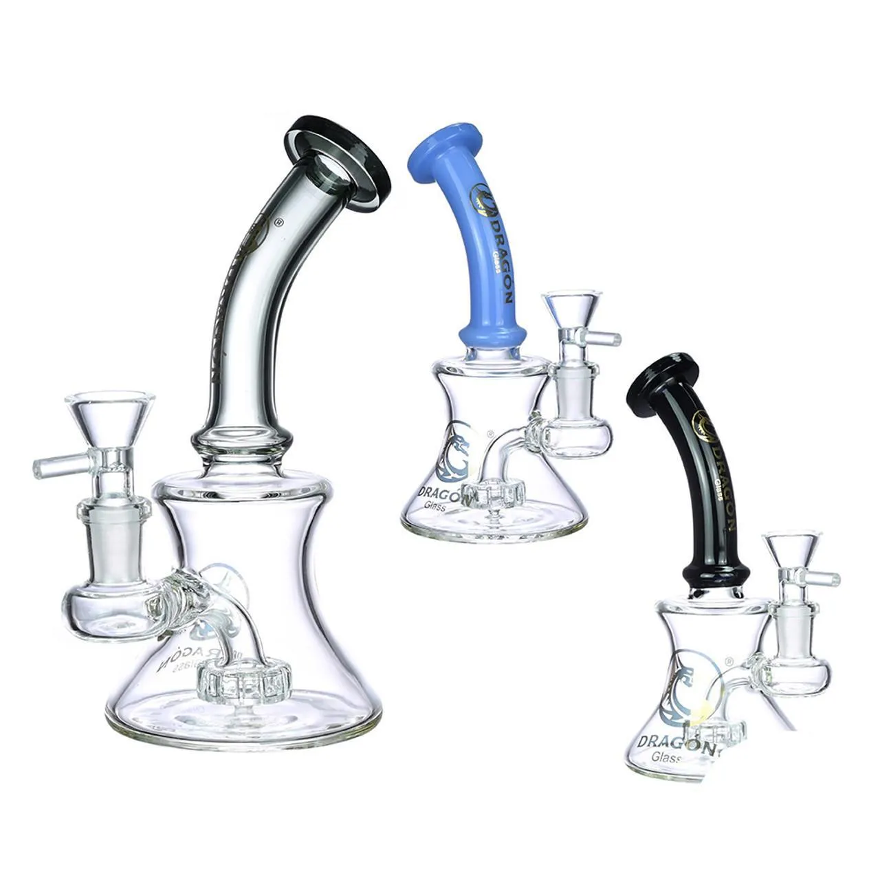 Dragon Glass Water Pipe With Bell Shape Base   Matrix Perc & Bent Neck - 200 Grams - 6 Inches - Assorted Colors [DGE-291]