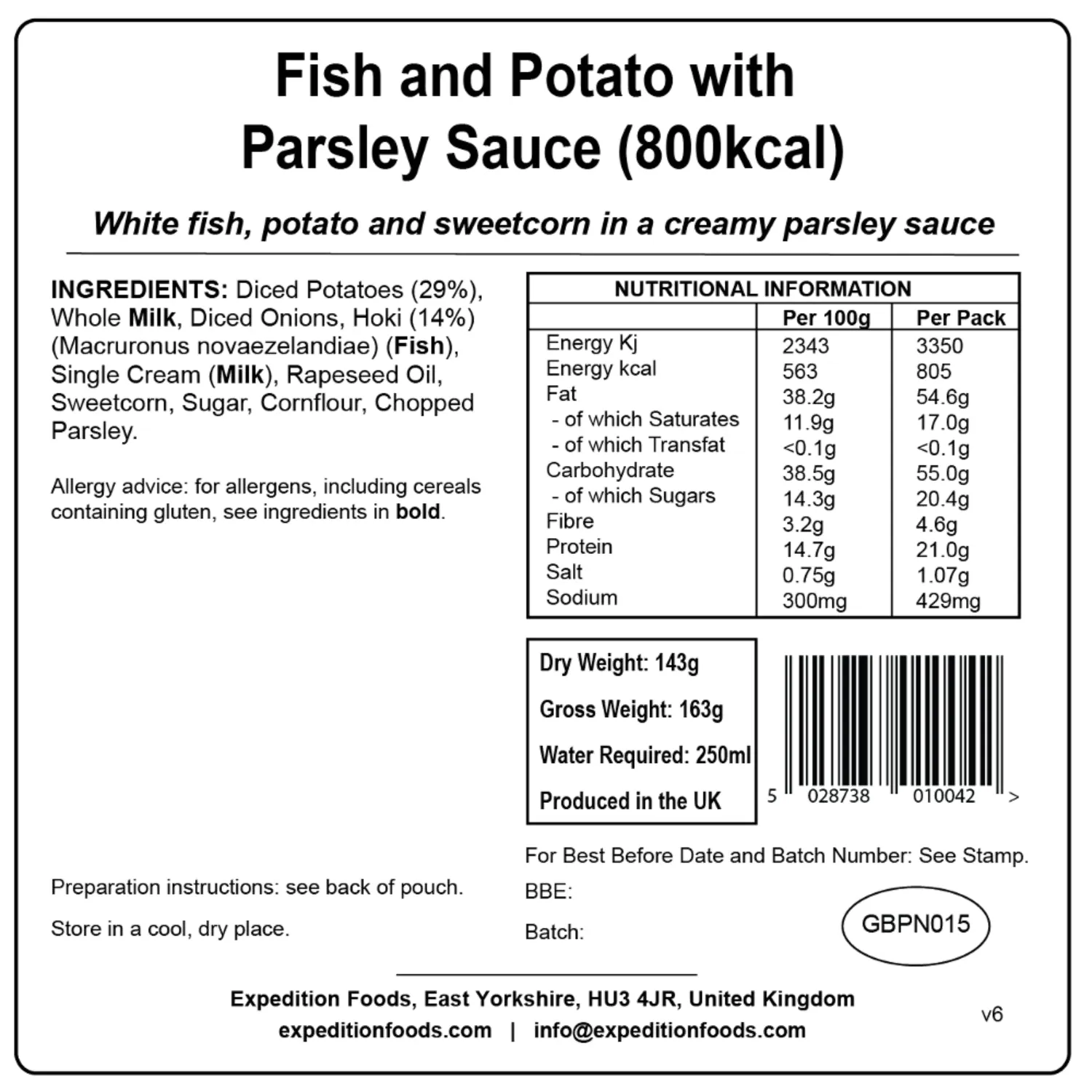 Expedition Foods Fish & Potato with Parsley Sauce (800kcal)