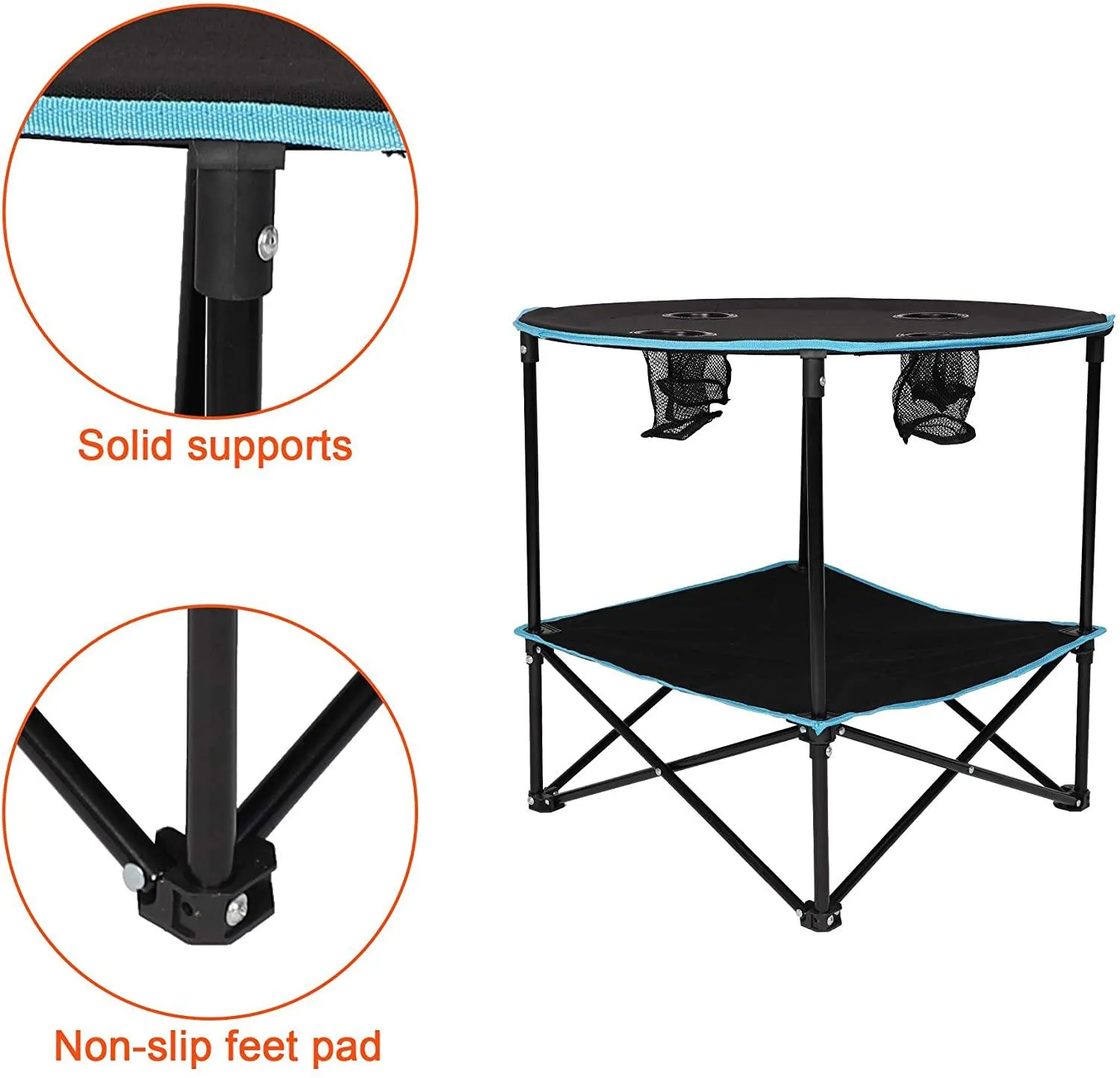Folding Table, Travel Camping Picnic Collapsible Round Table with 4 Cup Holders and Carry Bag (Black & Blue)