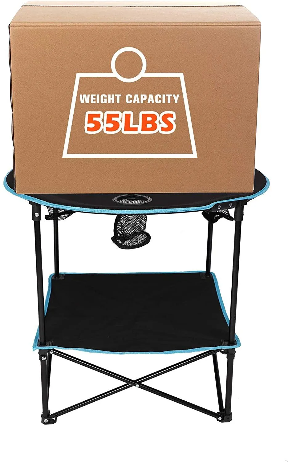 Folding Table, Travel Camping Picnic Collapsible Round Table with 4 Cup Holders and Carry Bag (Black & Blue)