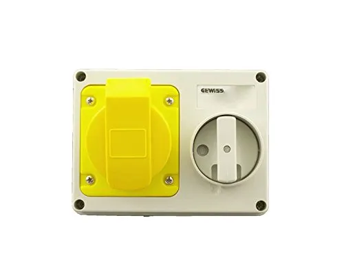Gewiss GW66001 Horizontal Interlocked Socket Outlet, IP44, 4 Reference, 2P E Pole, 100V-130V, 16 A, 50 Hz/60 Hz, Yellow