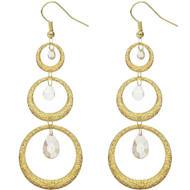 Gold Long Triple Hoop Gemstone Earrings