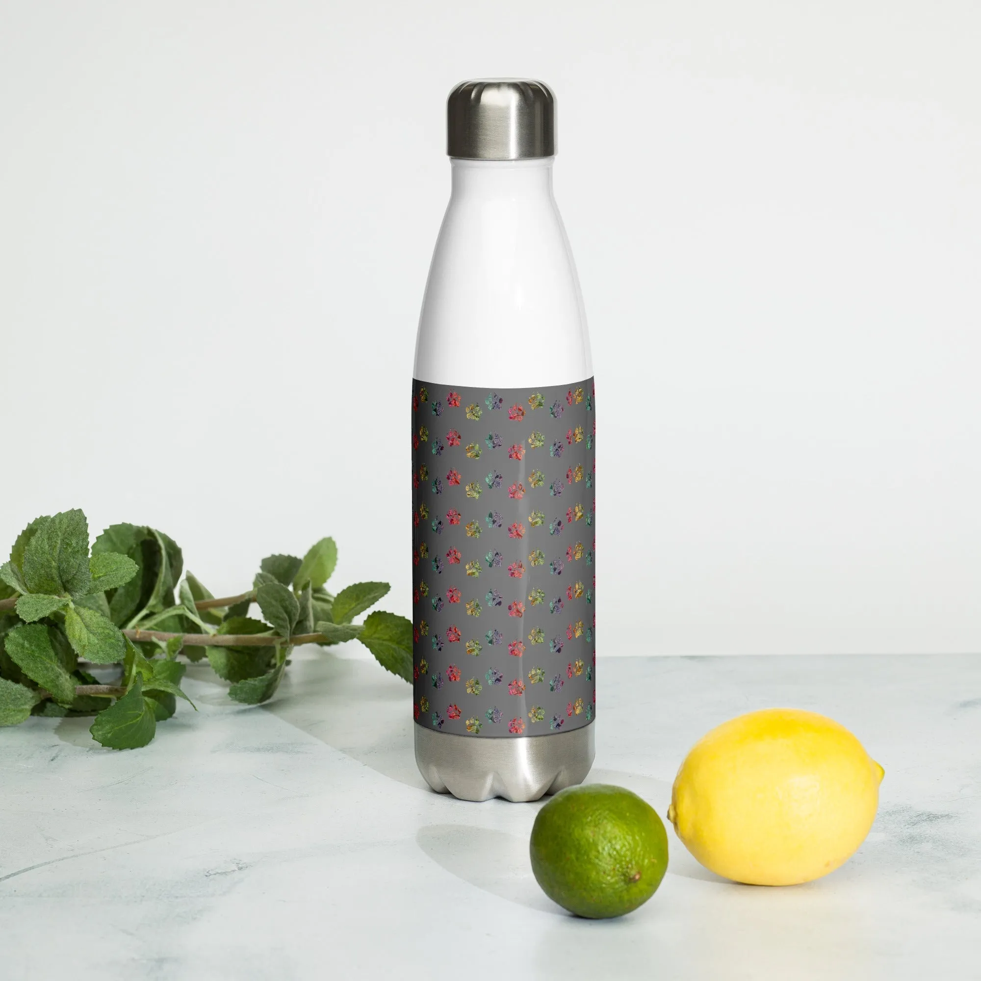 Grey Paw Prints Water Bottle