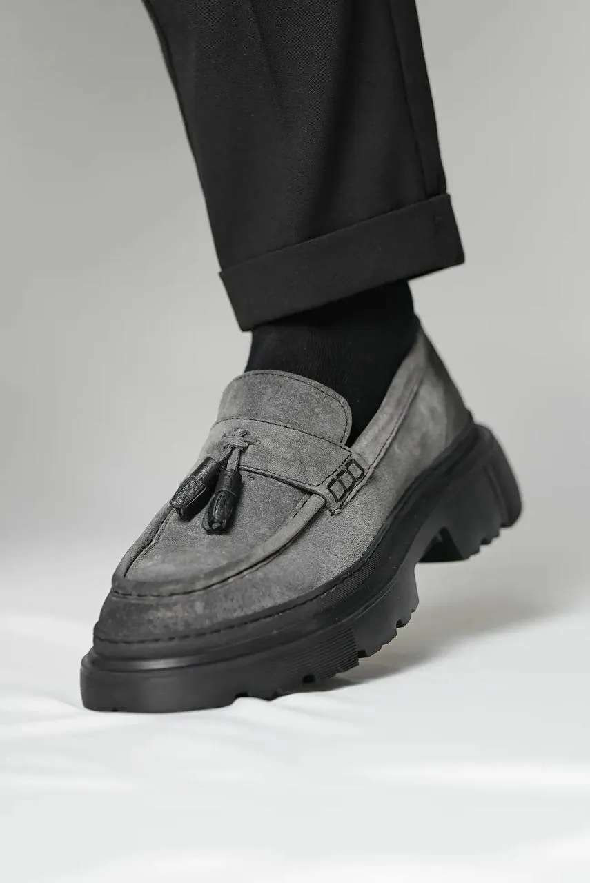 Grey Suede Leather High Sole Shoes