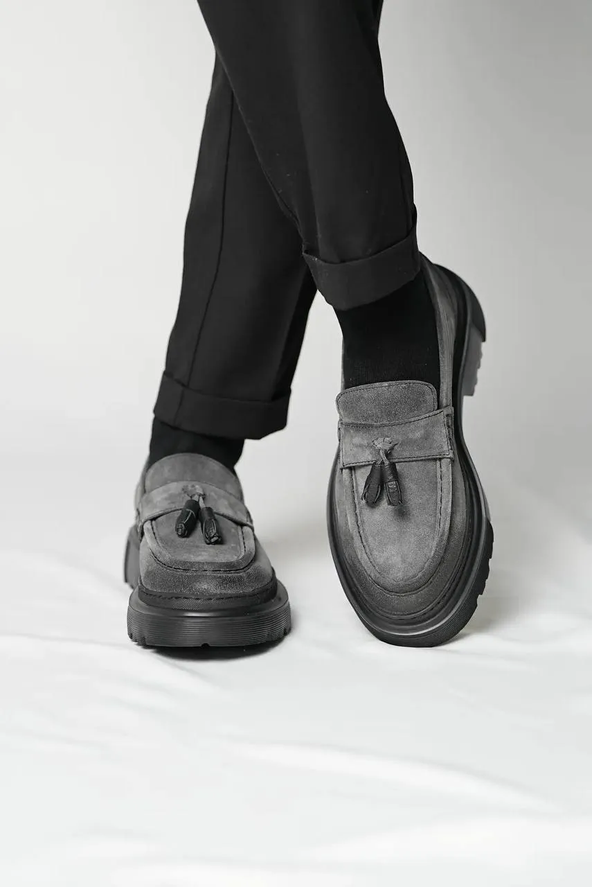 Grey Suede Leather High Sole Shoes