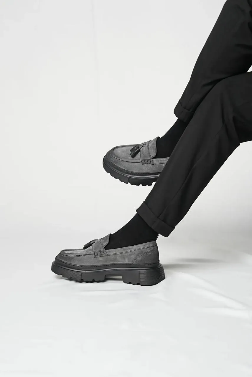 Grey Suede Leather High Sole Shoes