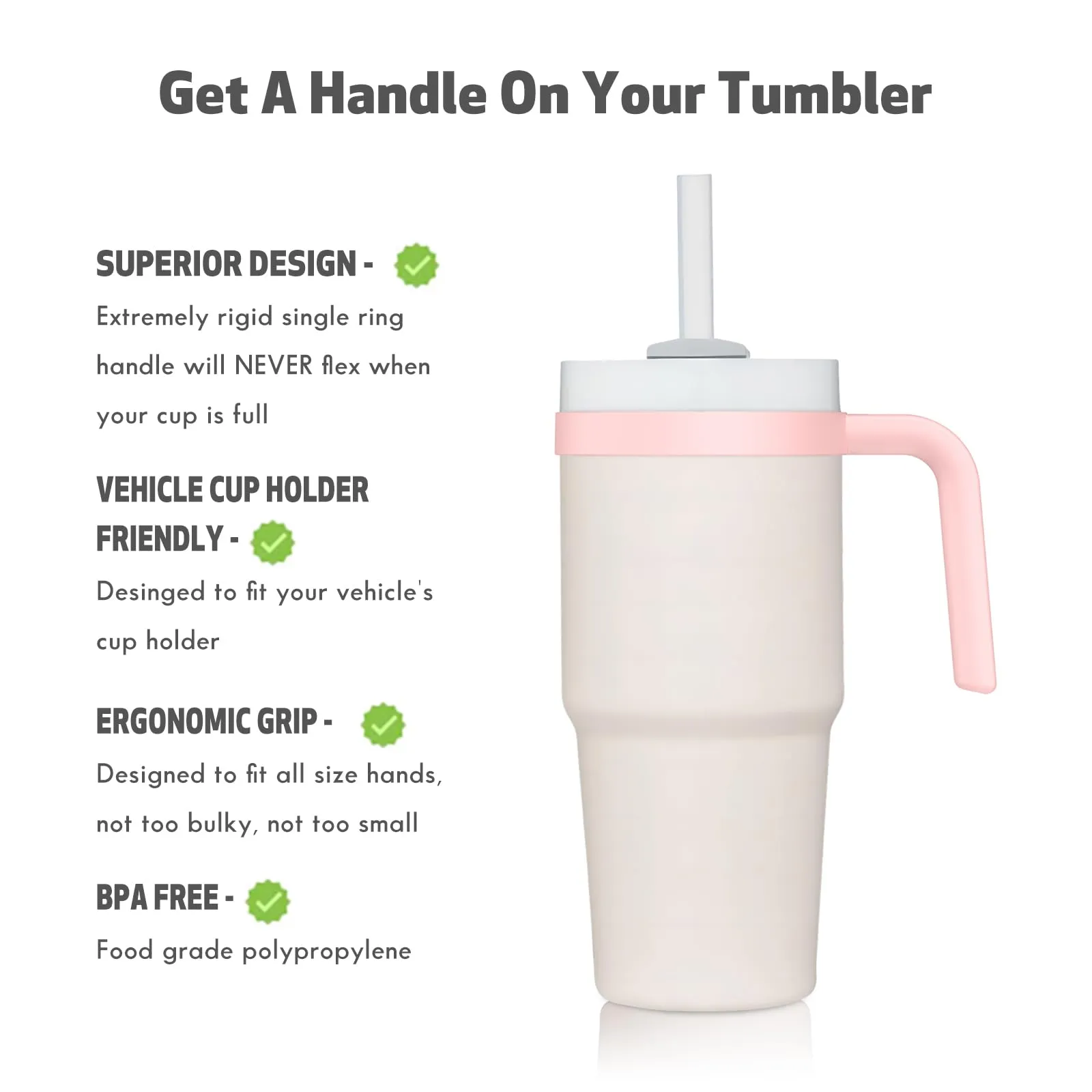 Handle For Stanley 14oz Quencher H2.0 FlowState Tumbler, Stanley Cup Accessories 14 oz, Stanley Tumbler Handle Attachment, Anti Slip, Car Cup Holder Friendly, Improved Grip, Pack of 2 (Pink, 14oz)