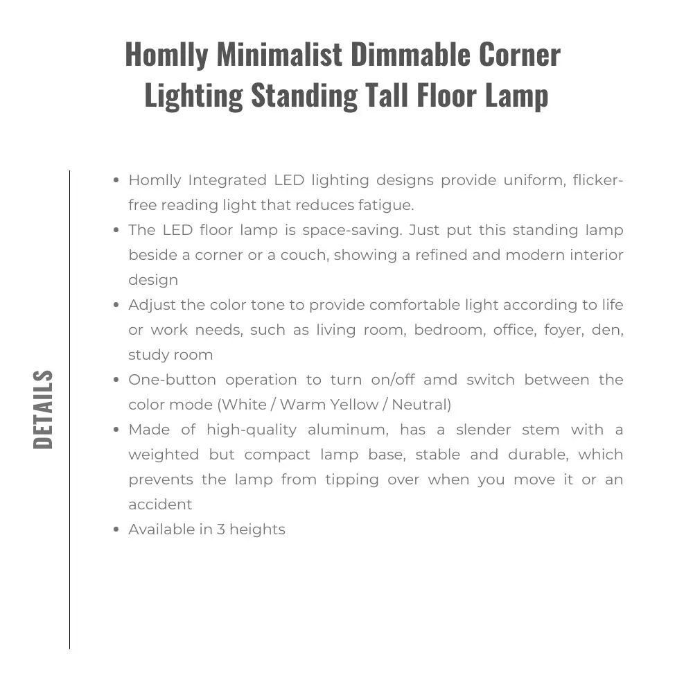 Homlly Minimalist Dimmable Corner Lighting Standing Tall Floor Lamp