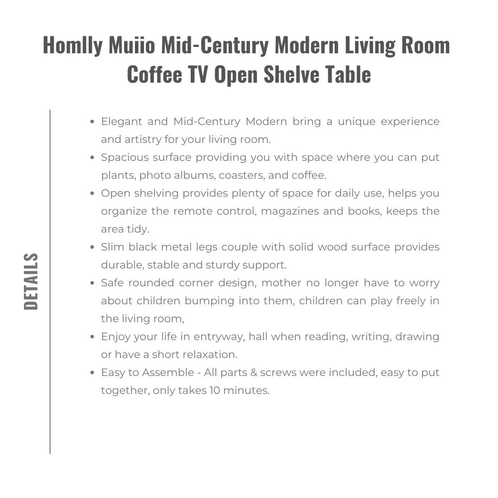 Homlly Muiio Mid-Century Modern Living Room Coffee TV Open Shelve Table