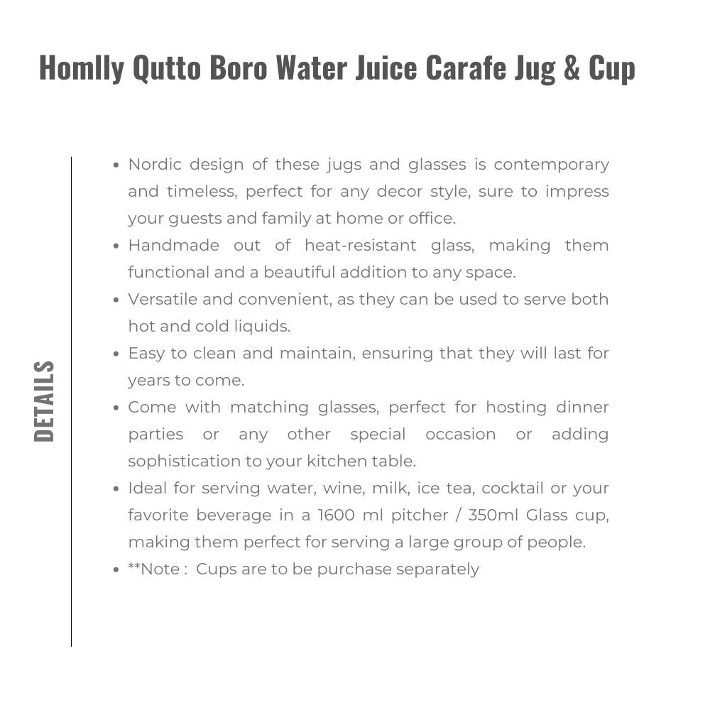 Homlly Qutto Boro Water & Juice Carafe Jug & Cups