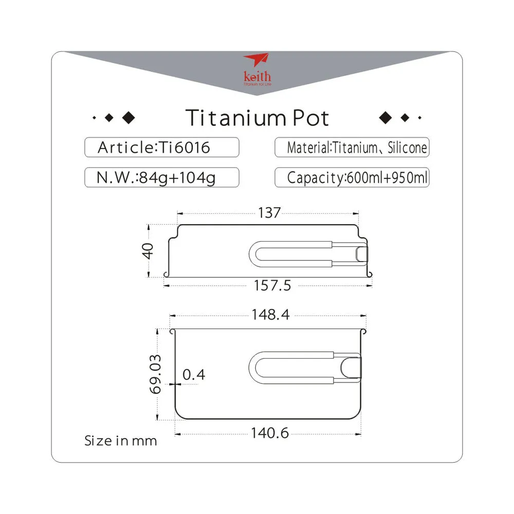 Keith 2 Piece Titanium Pot and Pan Cookset 950ml   600ml