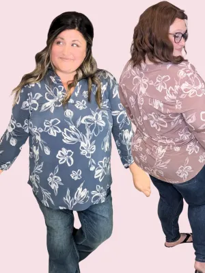 Linnea Drawn Floral 3/4 Sleeve Gabby Top (2 colors)