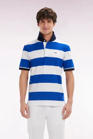 Maillot à manches courtes en coton Pima cerclé bleu et blanc coupe droite