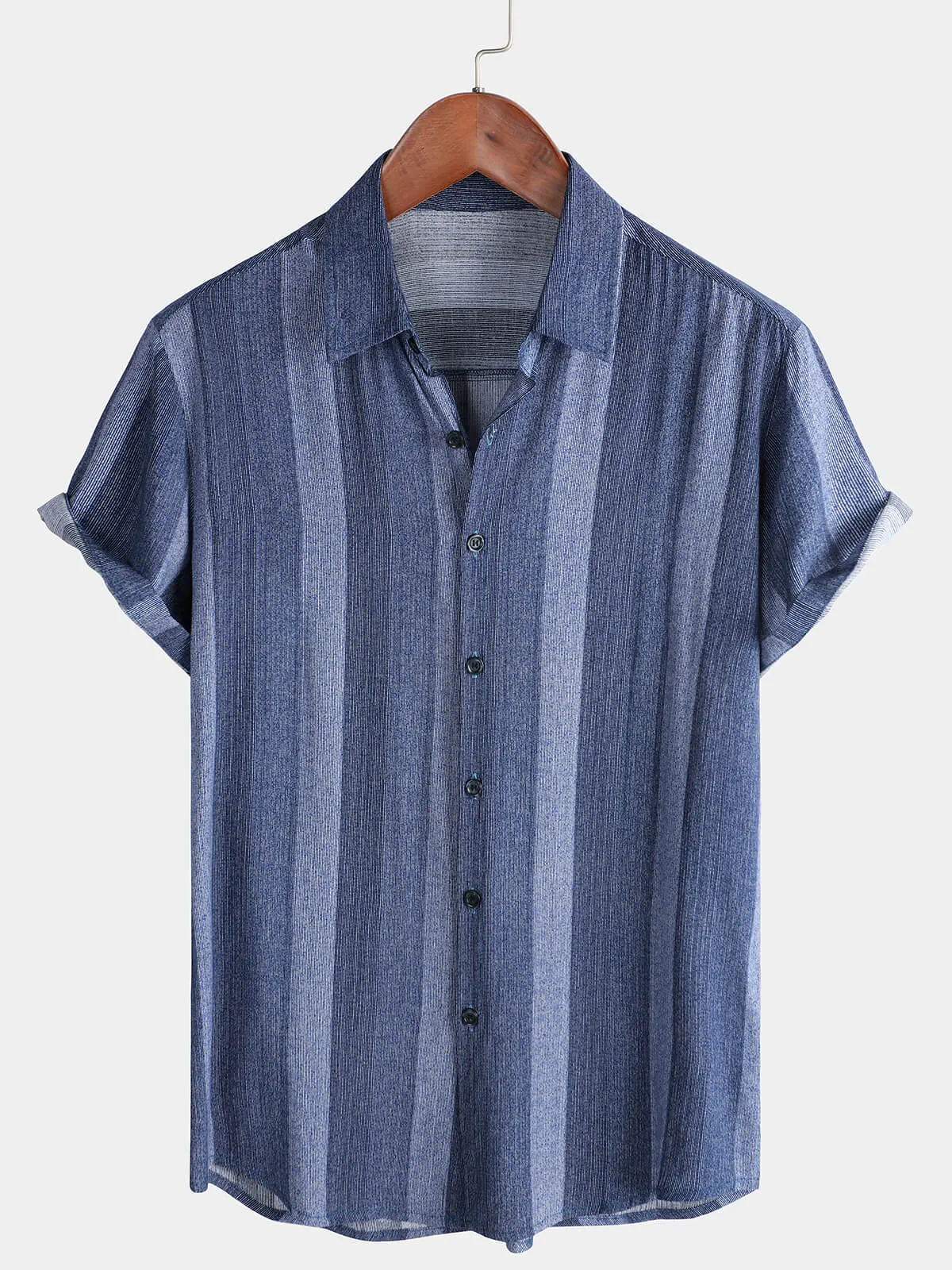 Men's Casual Blue Striped Short Sleeve Retro Button Up Shirt