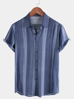 Men's Casual Blue Striped Short Sleeve Retro Button Up Shirt