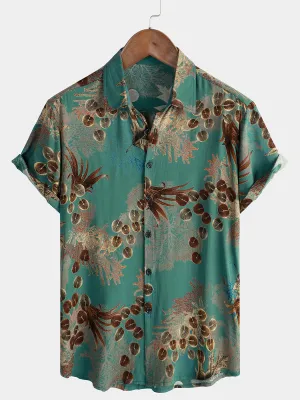 Men's Casual Retro Green Print Short Sleeve Button Up Shirt