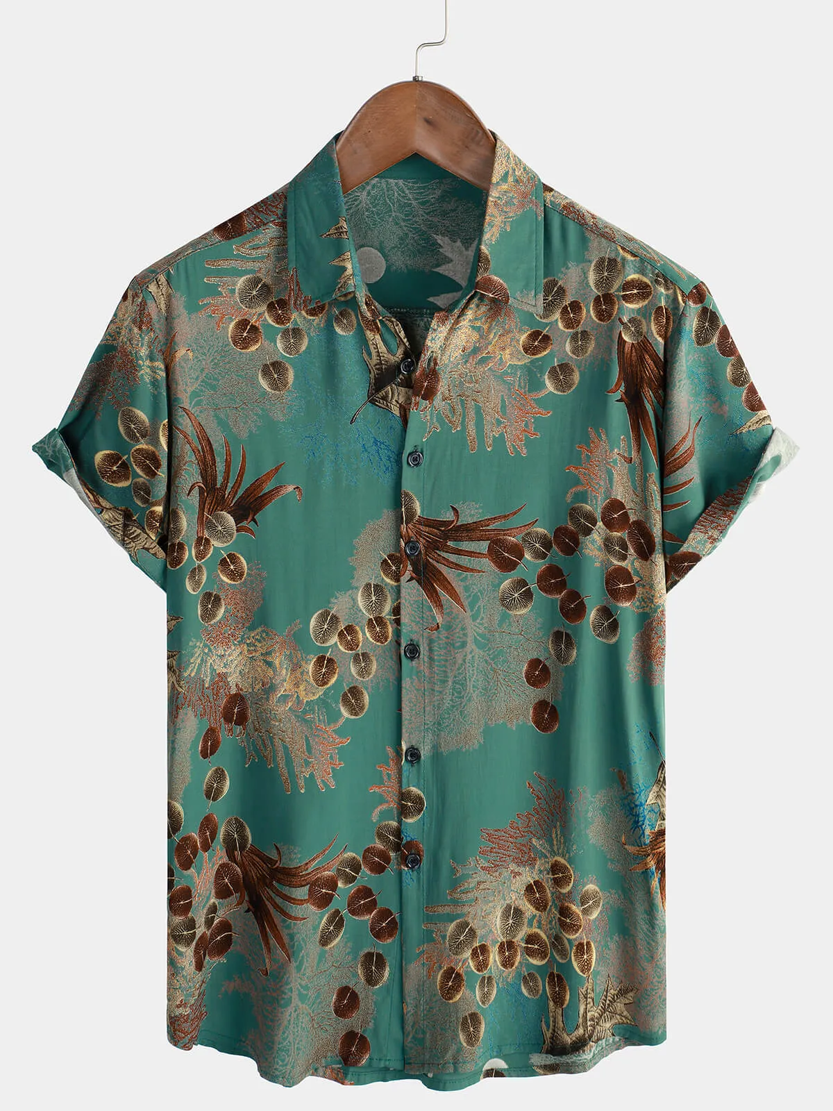 Men's Casual Retro Green Print Short Sleeve Button Up Shirt