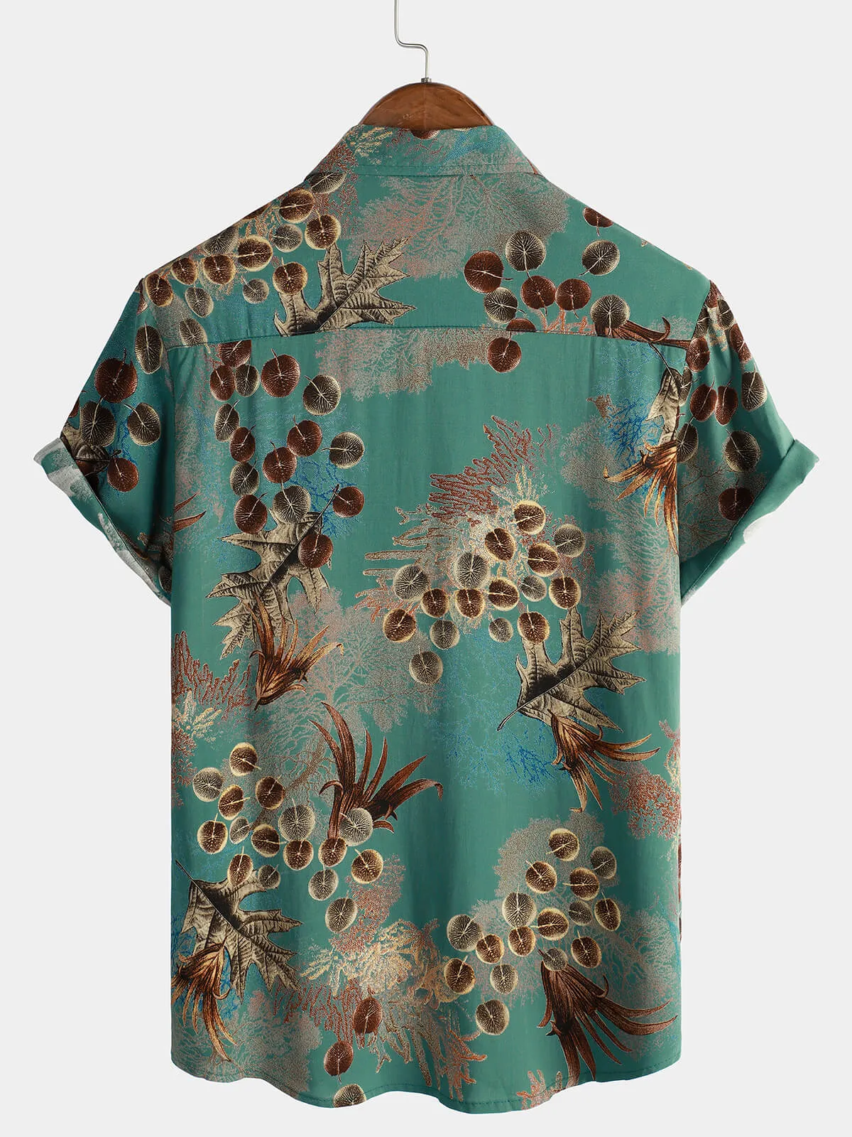 Men's Casual Retro Green Print Short Sleeve Button Up Shirt
