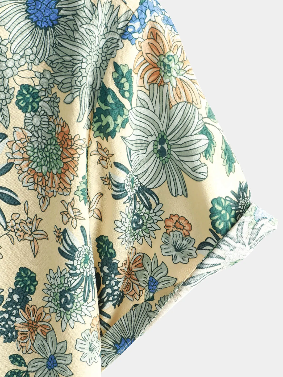 Men's Cotton Vintage Green Floral Printed Retro Casual Button Up Cool Beach Short Sleeve Shirt