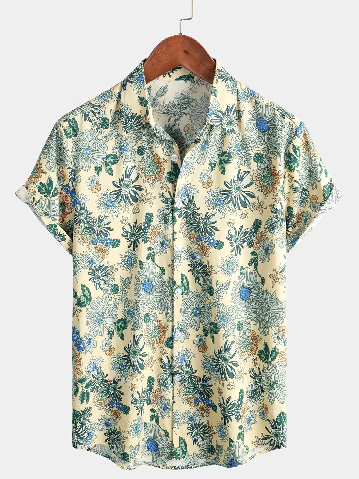 Men's Cotton Vintage Green Floral Printed Retro Casual Button Up Cool Beach Short Sleeve Shirt