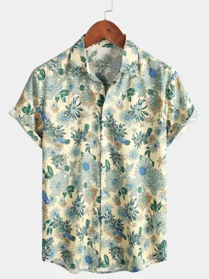 Men's Cotton Vintage Green Floral Printed Retro Casual Button Up Cool Beach Short Sleeve Shirt