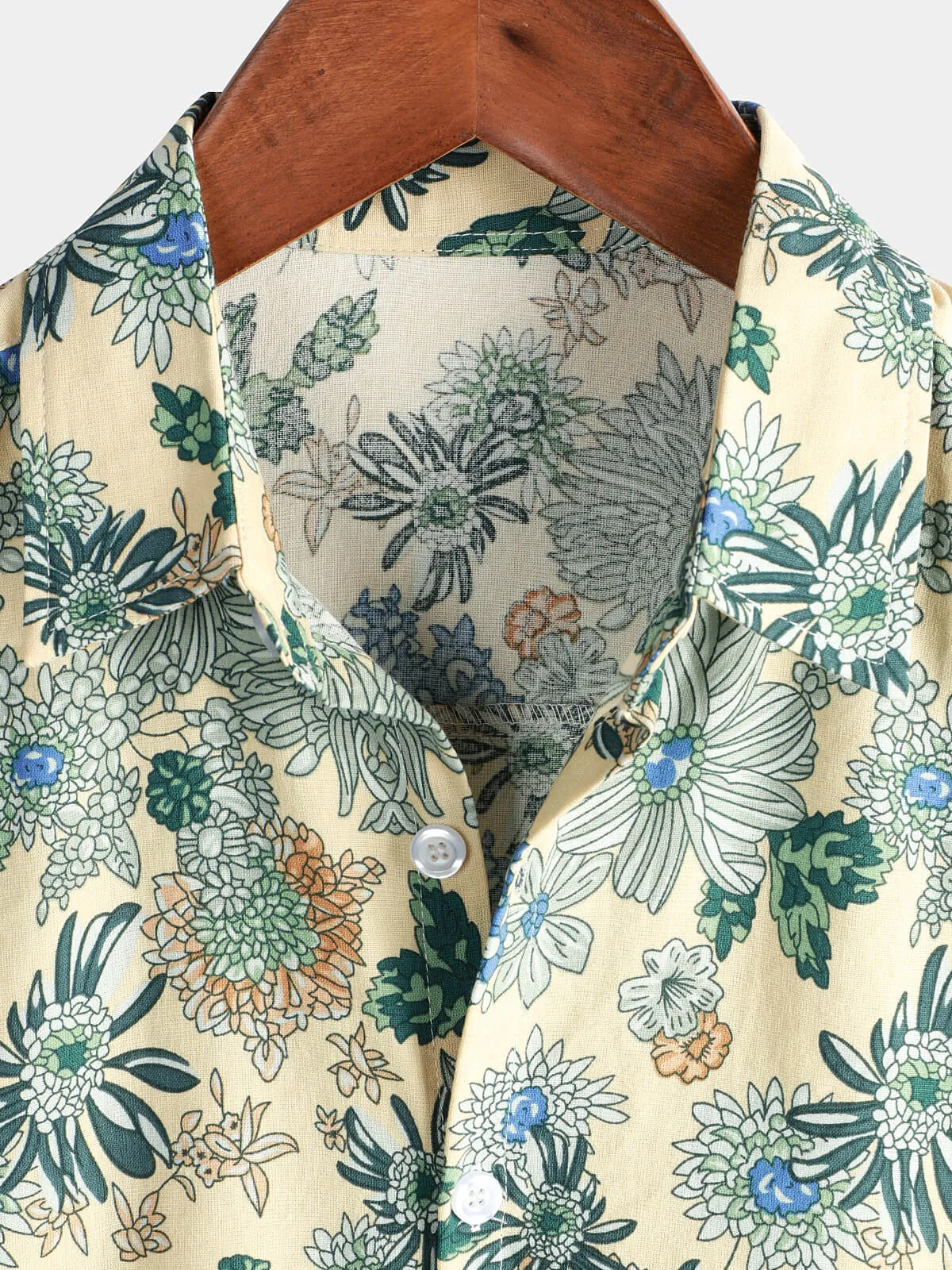 Men's Cotton Vintage Green Floral Printed Retro Casual Button Up Cool Beach Short Sleeve Shirt