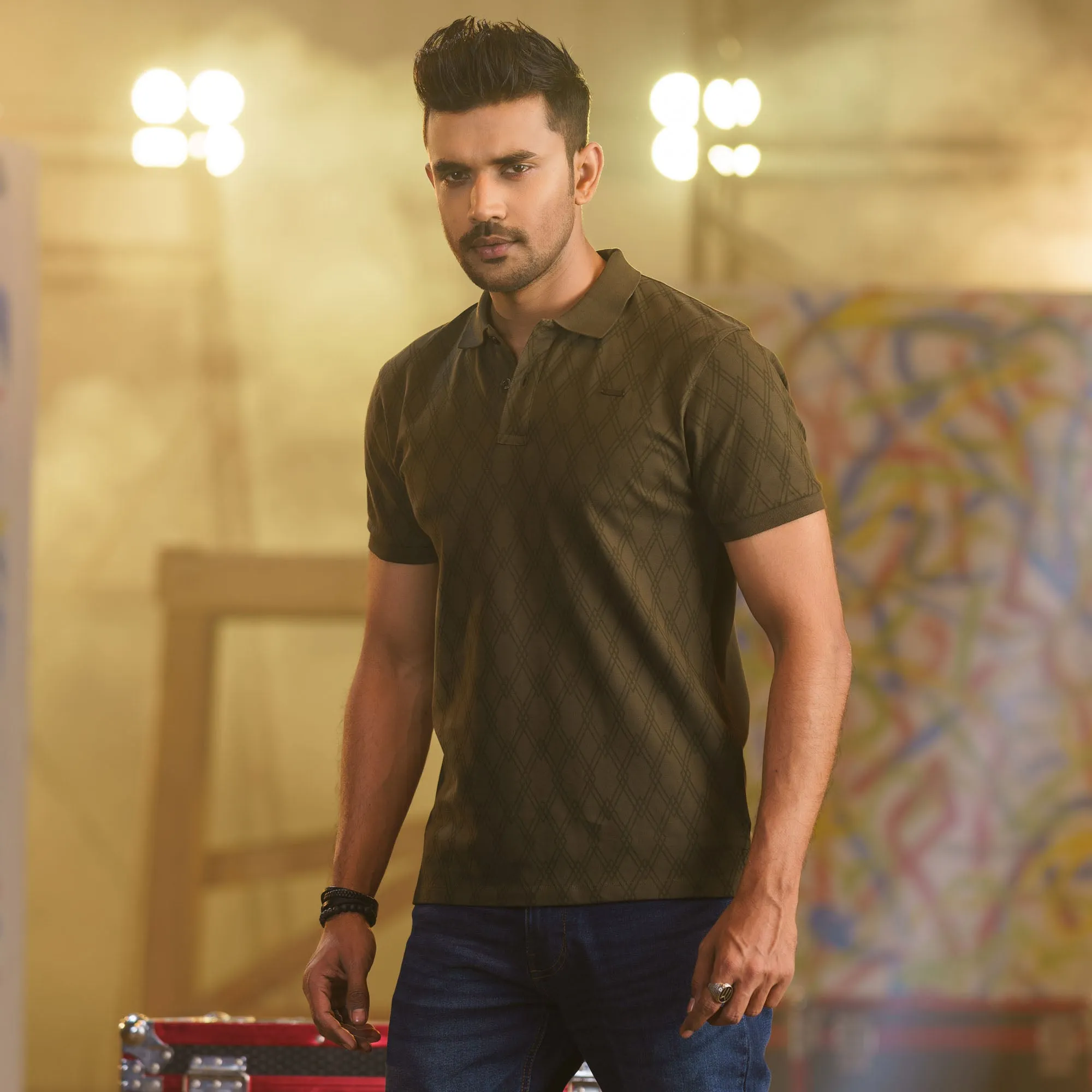 Mens Forest Green Print Polo