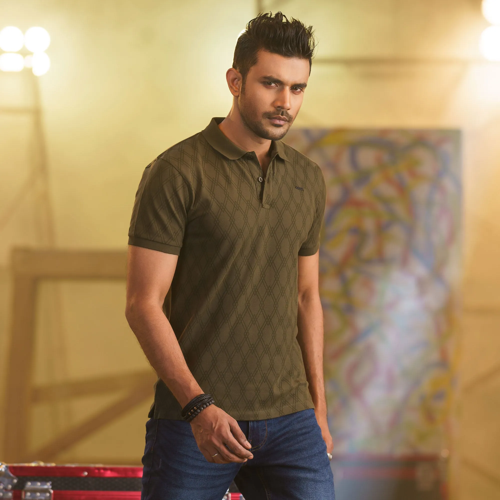 Mens Forest Green Print Polo