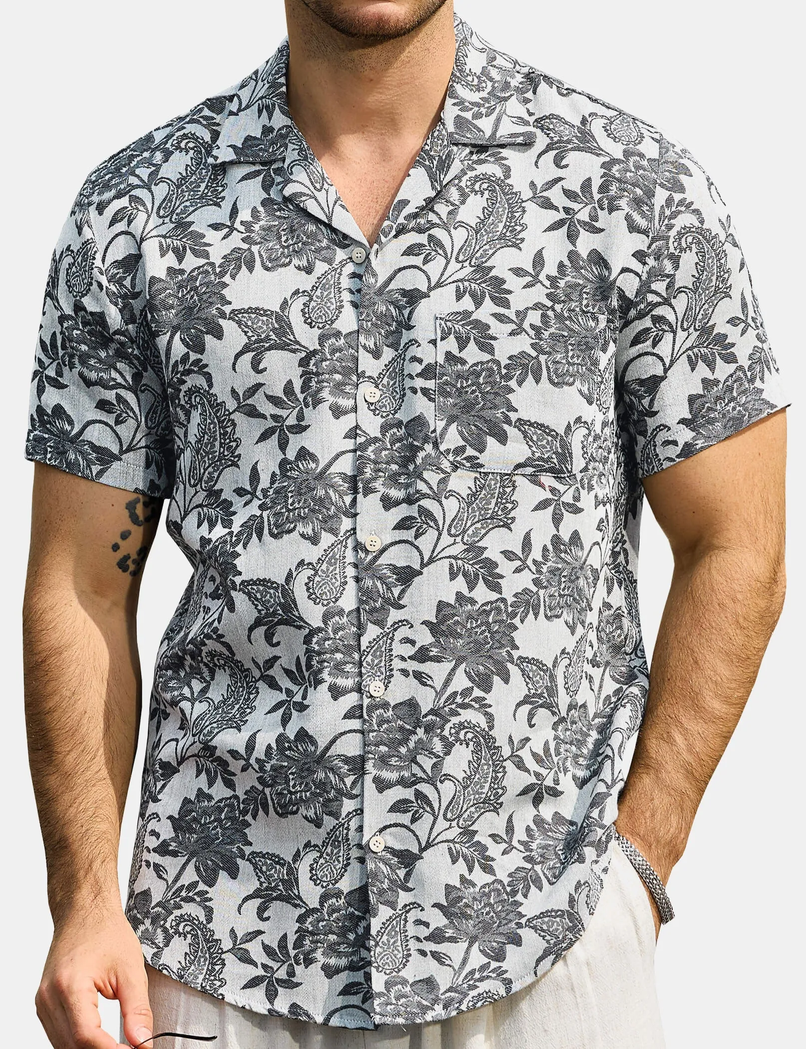 Men‘s Jacquard Hawaiian Short Sleeve Casual Floral Tropical Summer Beach Shirt