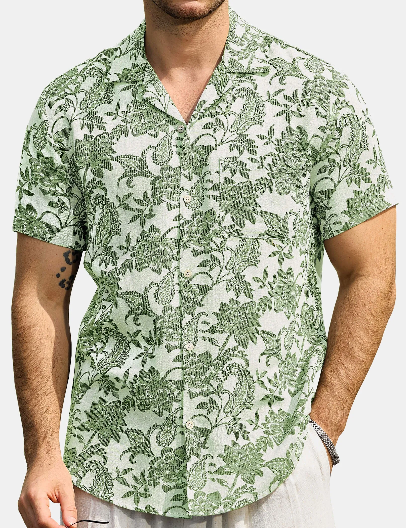 Men‘s Jacquard Hawaiian Short Sleeve Casual Floral Tropical Summer Beach Shirt