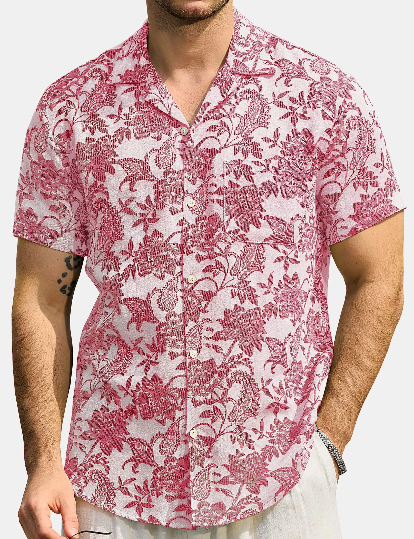 Men‘s Jacquard Hawaiian Short Sleeve Casual Floral Tropical Summer Beach Shirt