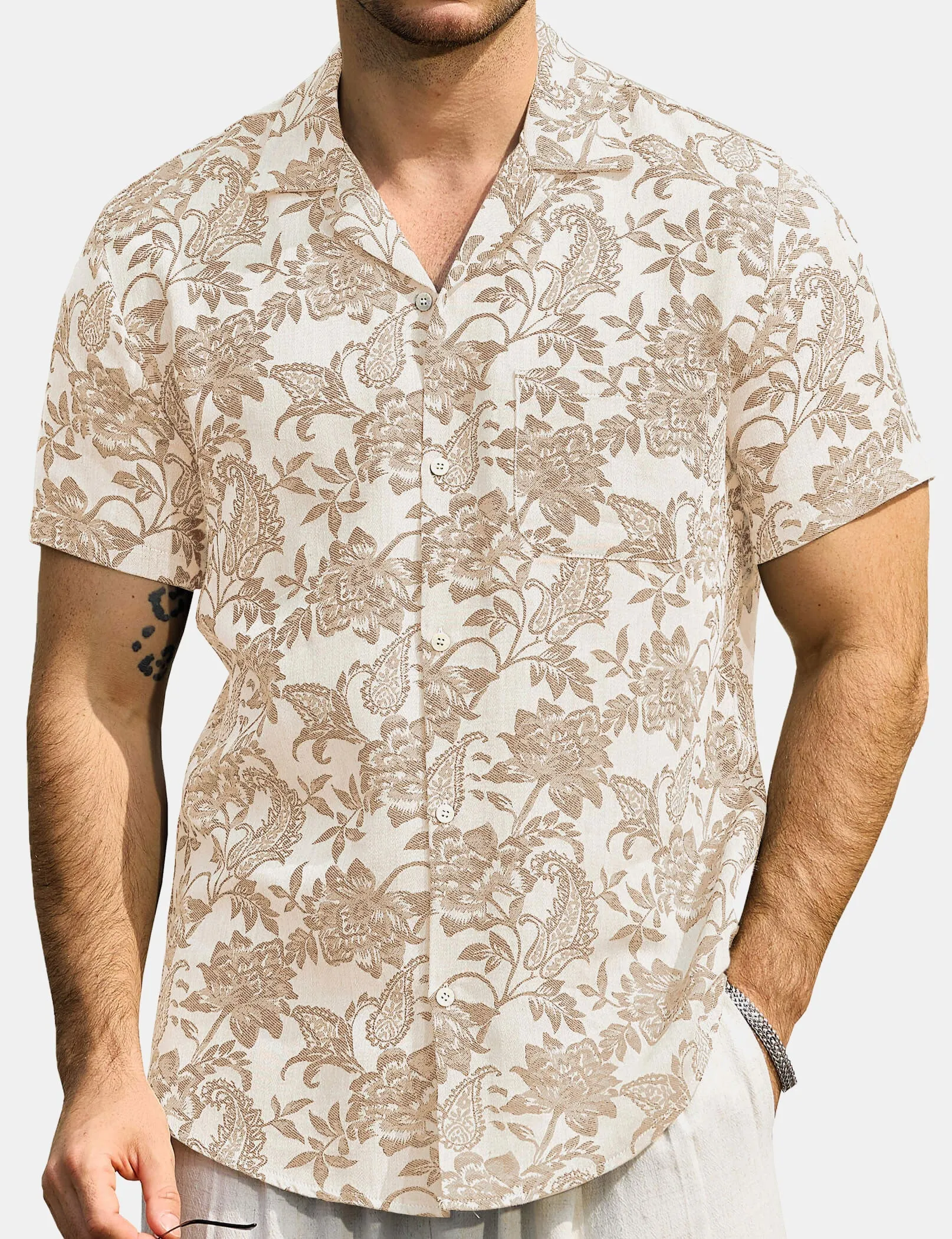 Men‘s Jacquard Hawaiian Short Sleeve Casual Floral Tropical Summer Beach Shirt