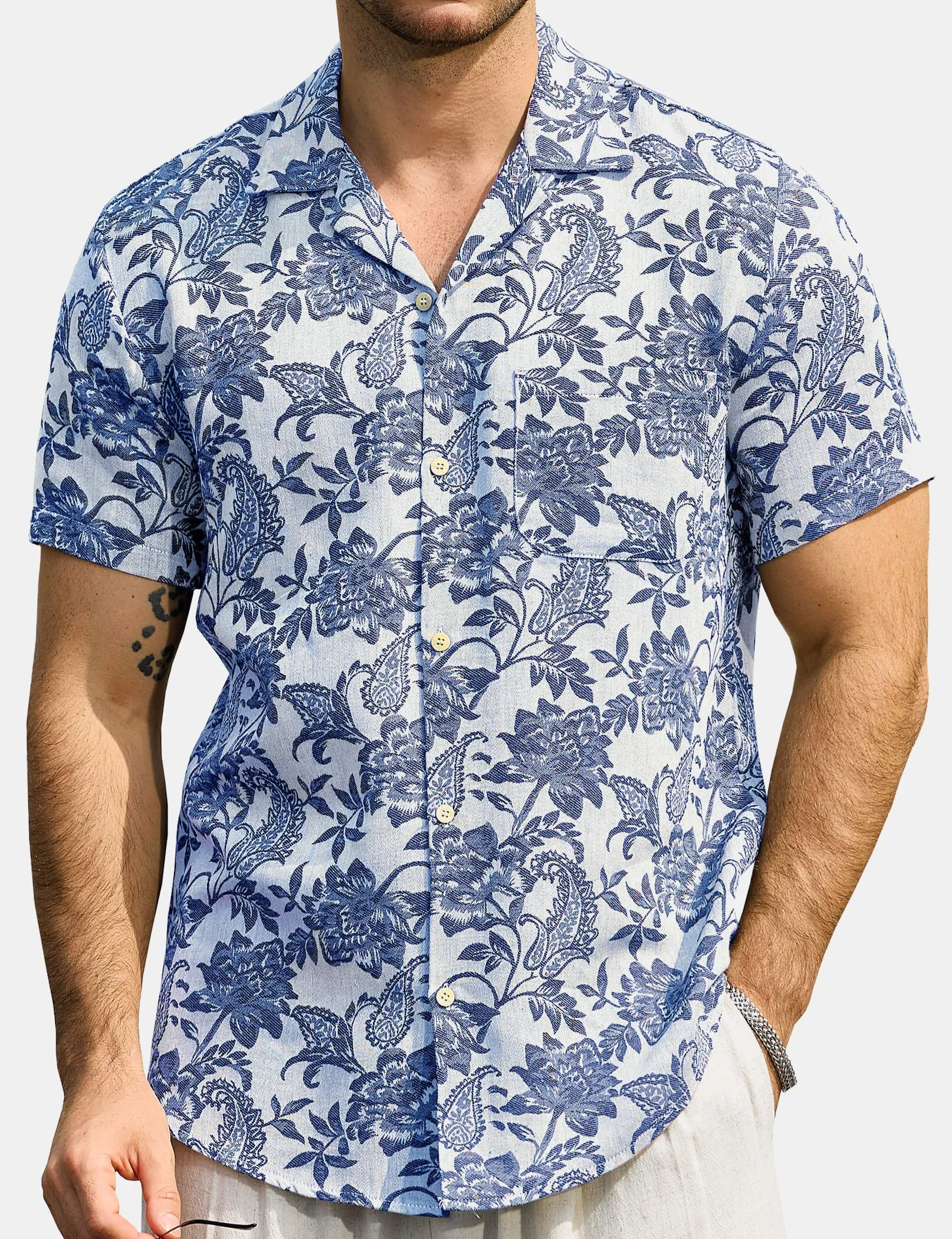 Men‘s Jacquard Hawaiian Short Sleeve Casual Floral Tropical Summer Beach Shirt